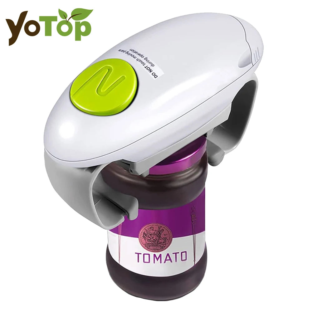 Automatic Electric Jar Opener with ergonomic design opening a tomato jar effortlessly