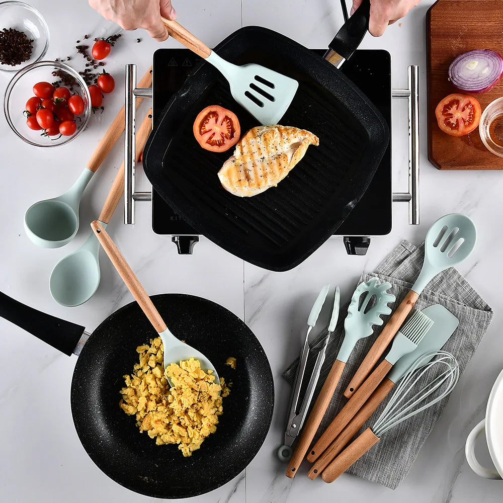 Wood handle silicone kitchen utensil set - Wood Handle Silicone Kitchen Tools