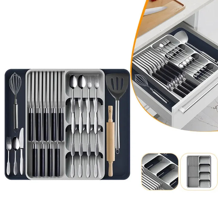 Expandable cutlery drawer organizer with knife holder