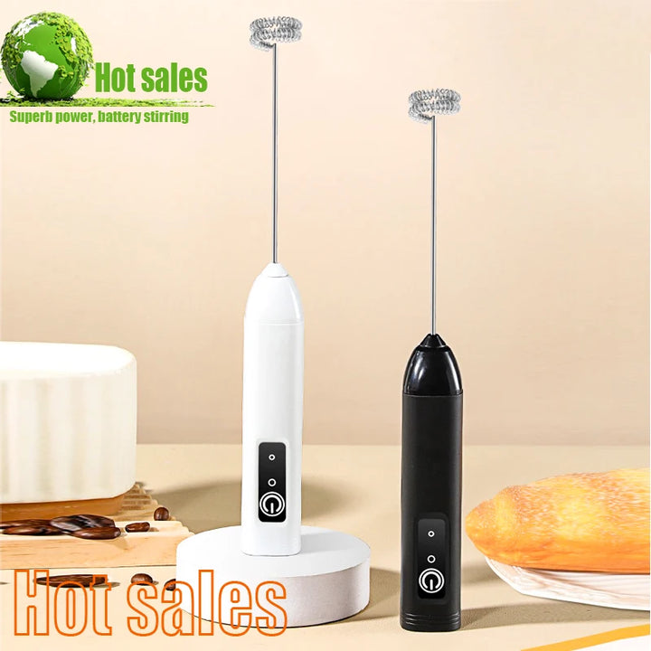 Rechargeable Electric Milk Frother in white and black, ideal for creating creamy foam for coffee drinks.