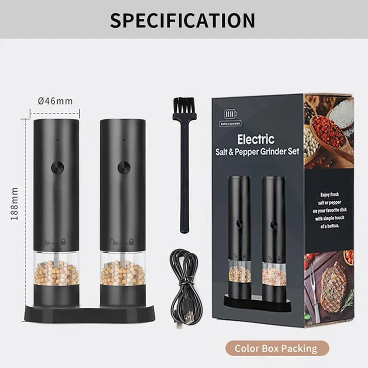 Rechargeable Salt & Pepper Grinder Set with specifications displayed, showcasing sleek design and accessories.