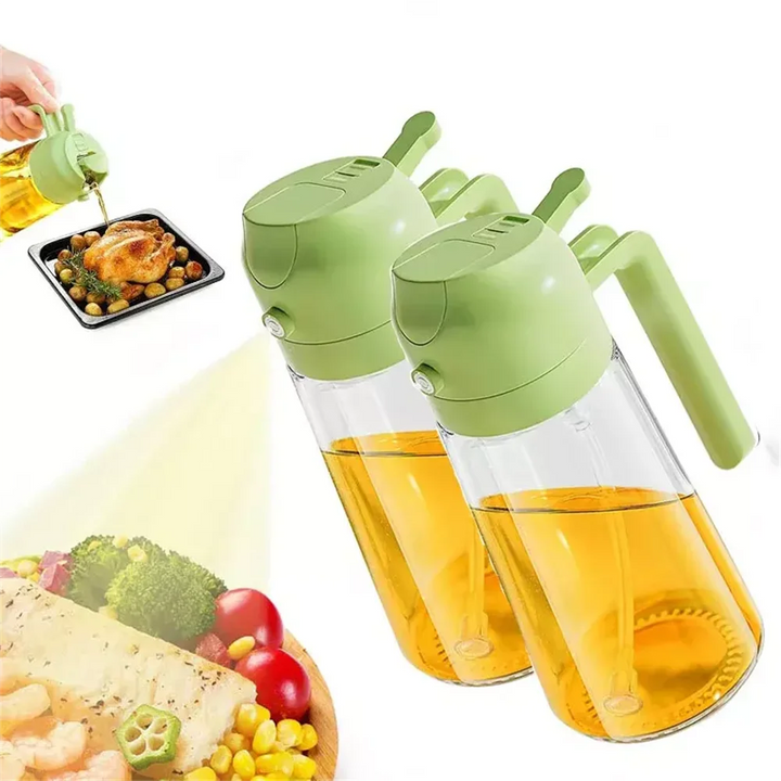 2-in-1 Olive Oil Sprayer & Pourer – Kitchen Oil Dispenser Bottle pouring oil over food.