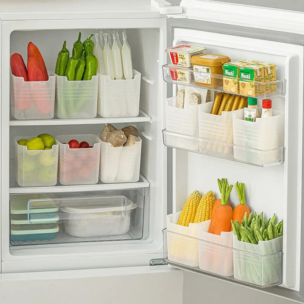 Stackable refrigerator organizer bins in fridge