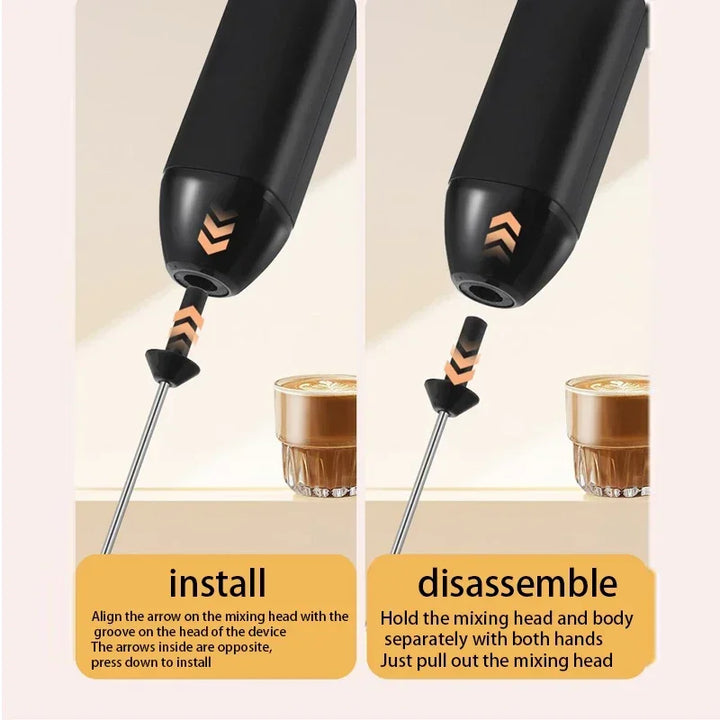 Instructions for installation and disassembly of Rechargeable Electric Milk Frother with coffee drinks in background.