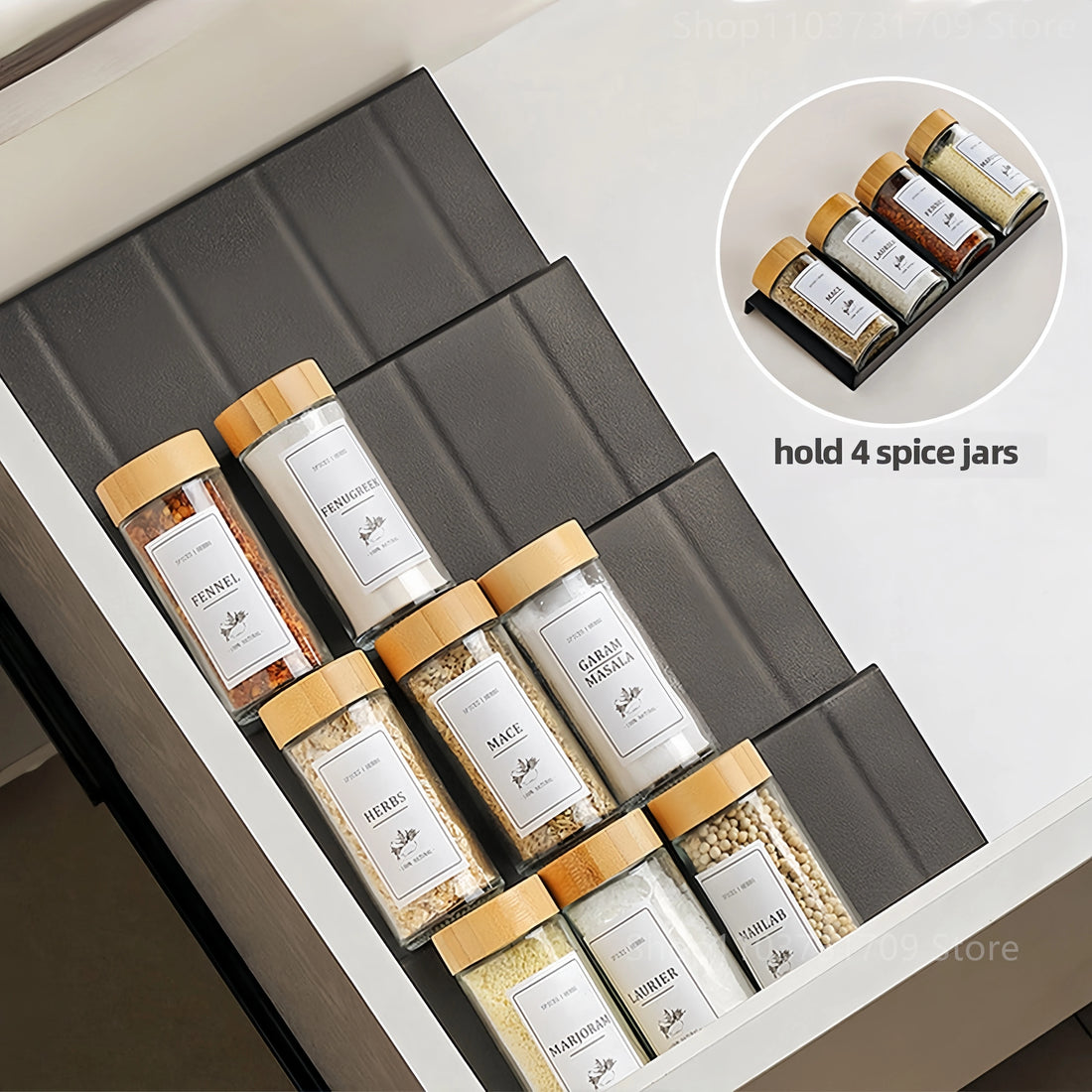 4-layer adjustable spice drawer organizer in kitchen