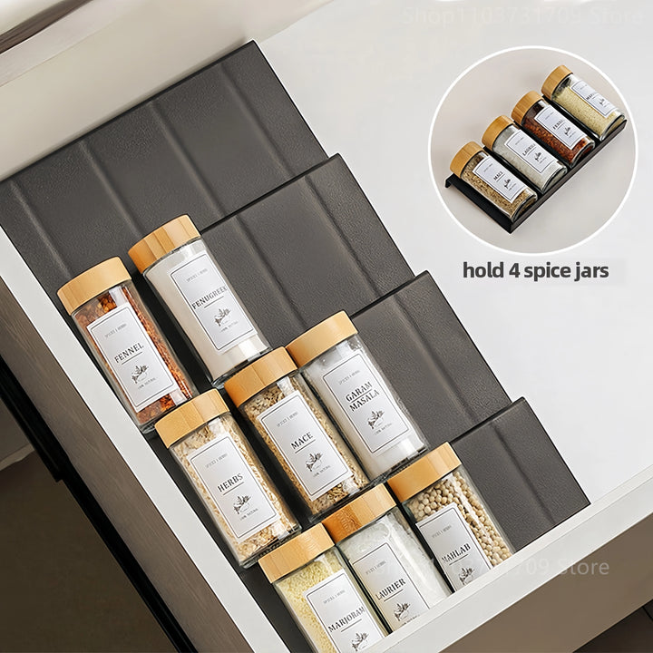 4-layer adjustable spice drawer organizer in kitchen