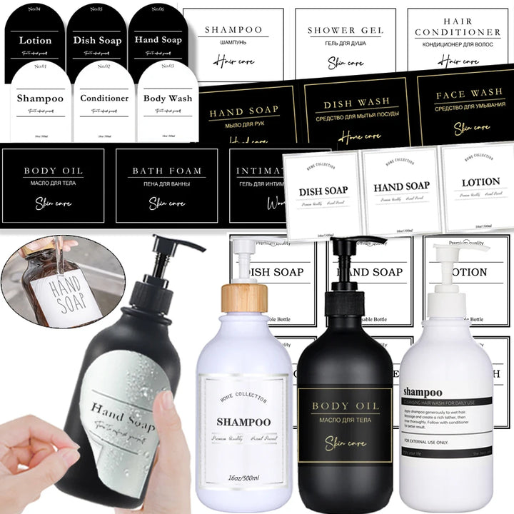Waterproof bathroom dispenser labels on bottles