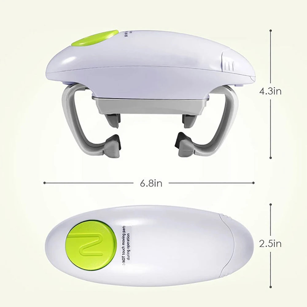 Automatic Electric Jar Opener measuring 6.8 inches by 4.3 inches, compact design for easy use in the kitchen.