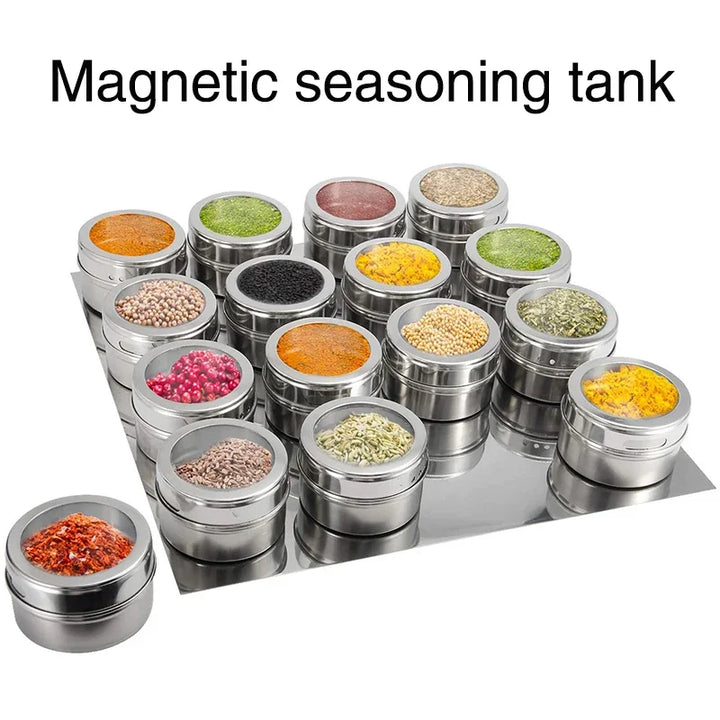 Magnetic stainless steel spice jars set on wall rack