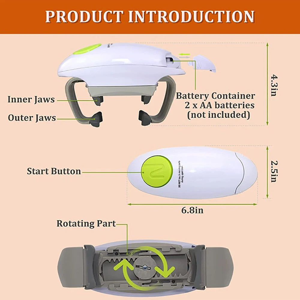 Automatic Electric Jar Opener features labeled components like start button and battery container in an instructional image.