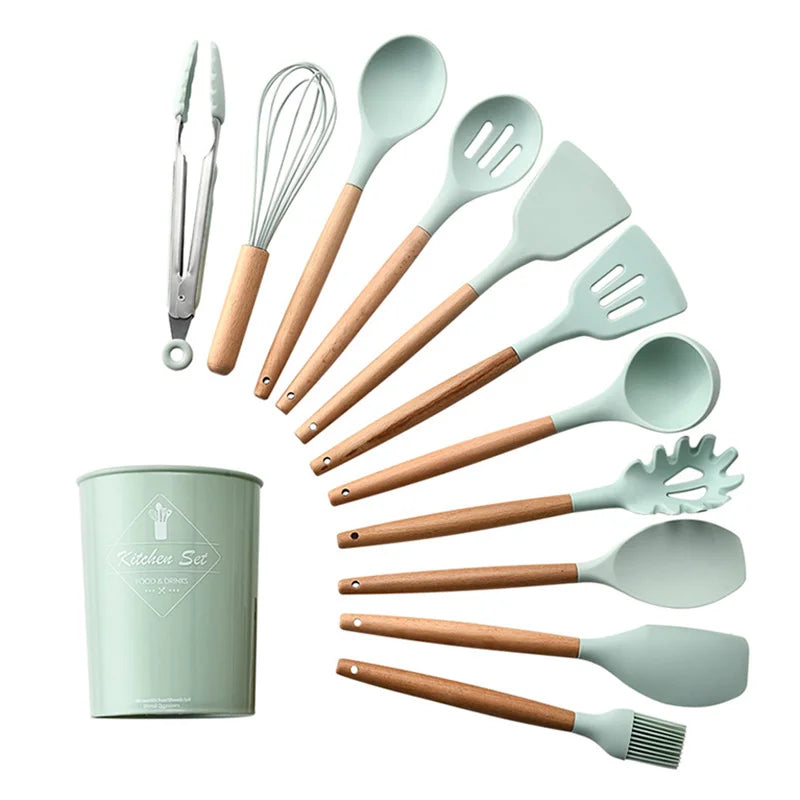 Wood handle silicone kitchen utensil set - Wood Handle Silicone Kitchen Tools
