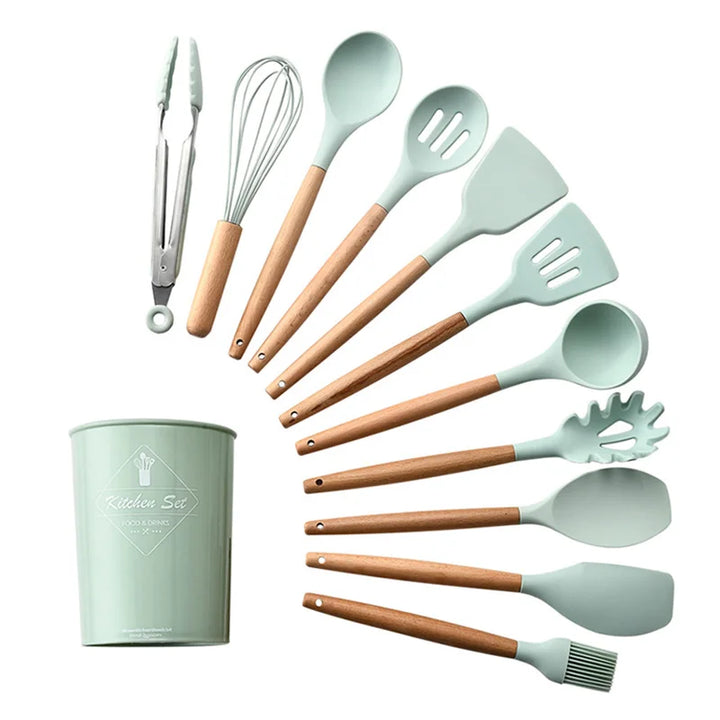 Wood handle silicone kitchen utensil set - Wood Handle Silicone Kitchen Tools