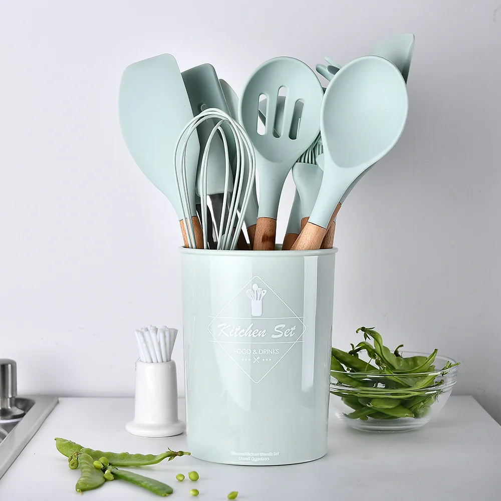 Wood handle silicone kitchen utensil set - Wood Handle Silicone Kitchen Tools