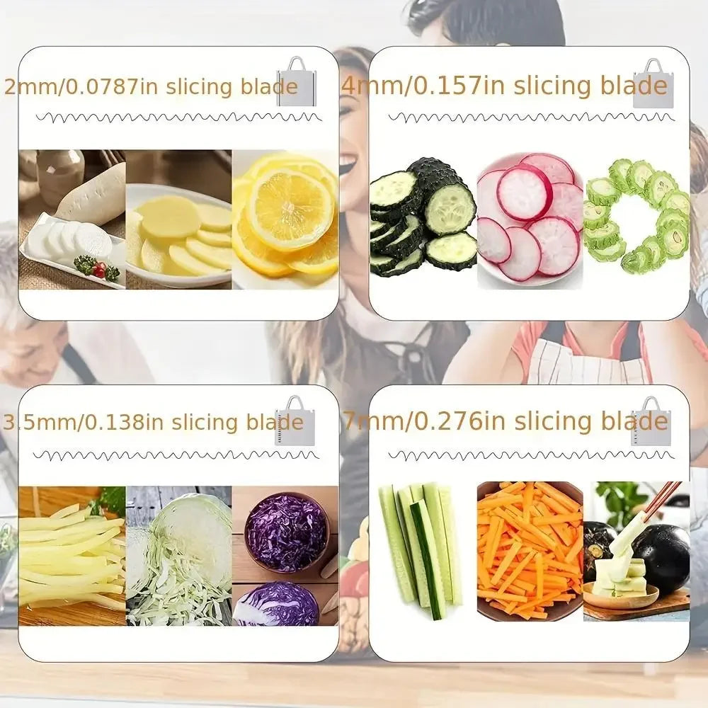 4-in-1 vegetable slicer with thickness adjuster