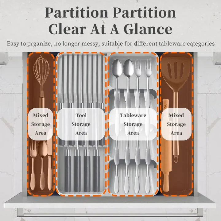 Expandable cutlery drawer organizer with knife holder