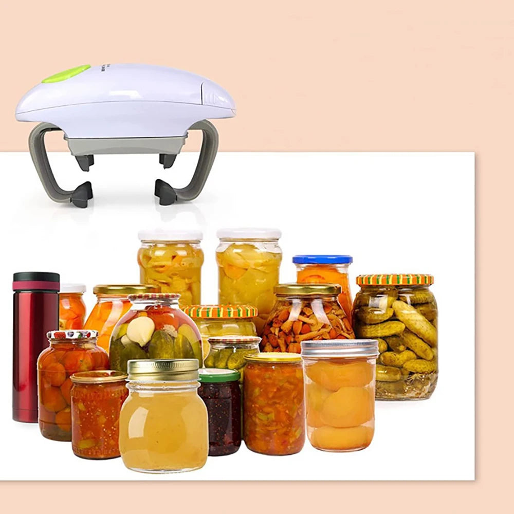 Automatic Electric Jar Opener with various jars of preserves in the background, showcasing effortless jar opening.