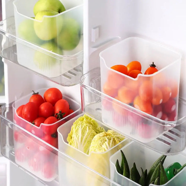 Stackable refrigerator organizer bins in fridge