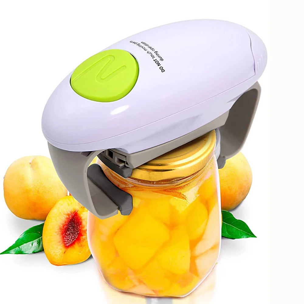 Automatic Electric Jar Opener opening a jar of peaches with a smart design for effortless lid removal.